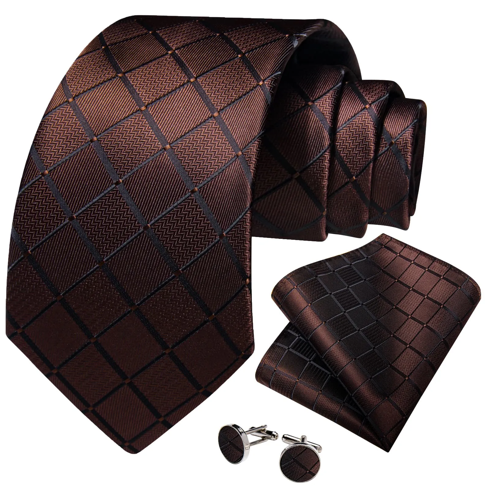 Ties2you Formal Tie Brown Plaid Silk Mens TNecktie Handkerchief Cufflinks Set for Tuxedo sold by Ties2You product image thumbnail 2