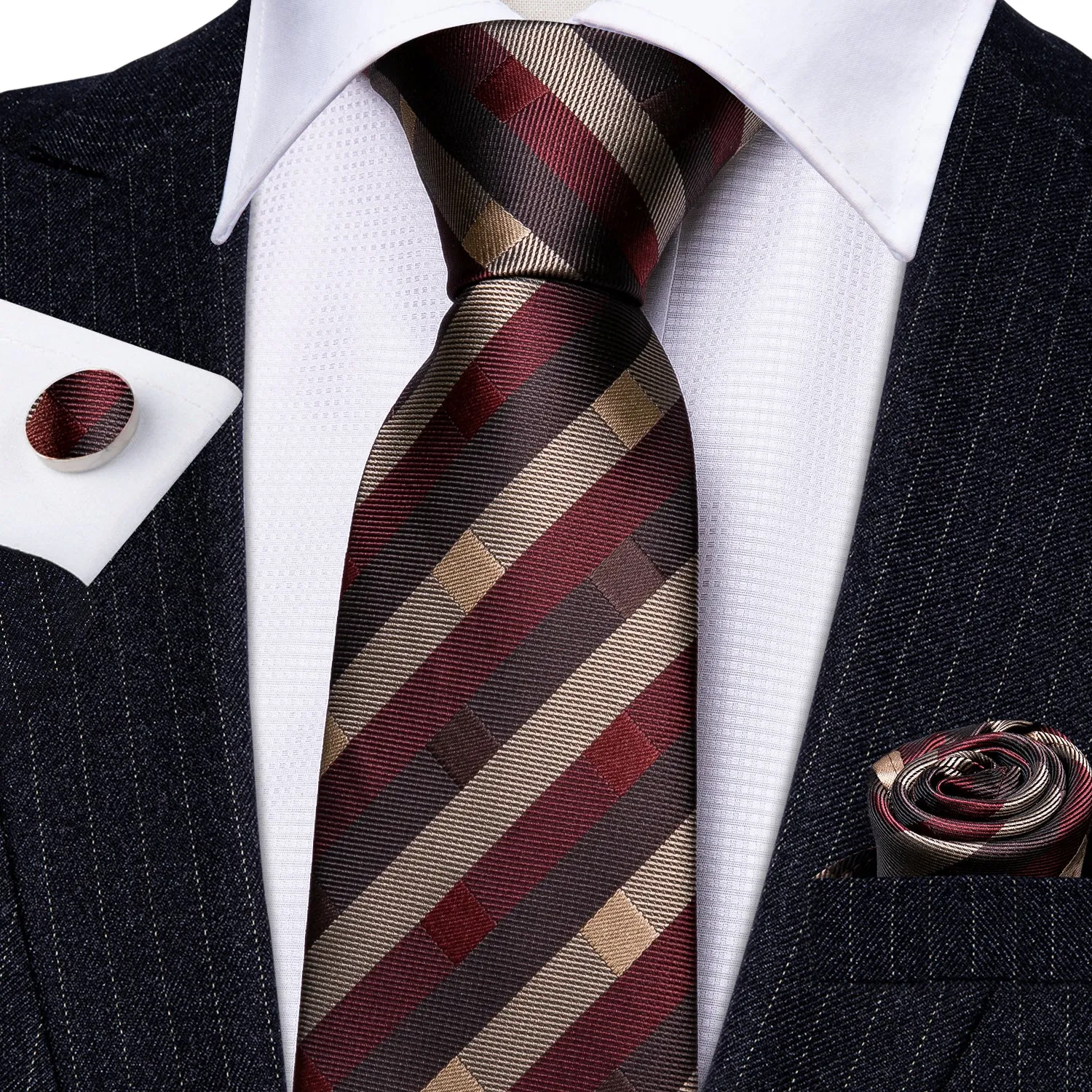 Red Khaki Brown Striped Necktie Pocket Square Cufflinks Set sold by Ties2You product image thumbnail 3