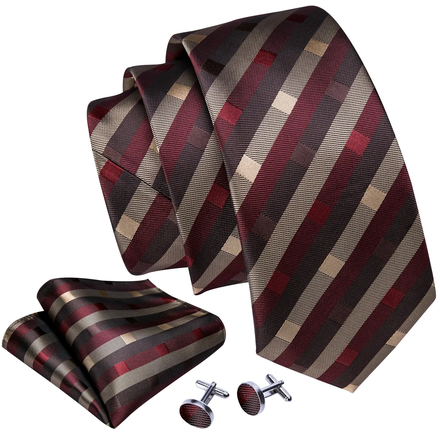 Red Khaki Brown Striped Necktie Pocket Square Cufflinks Set sold by Ties2You product image thumbnail 2