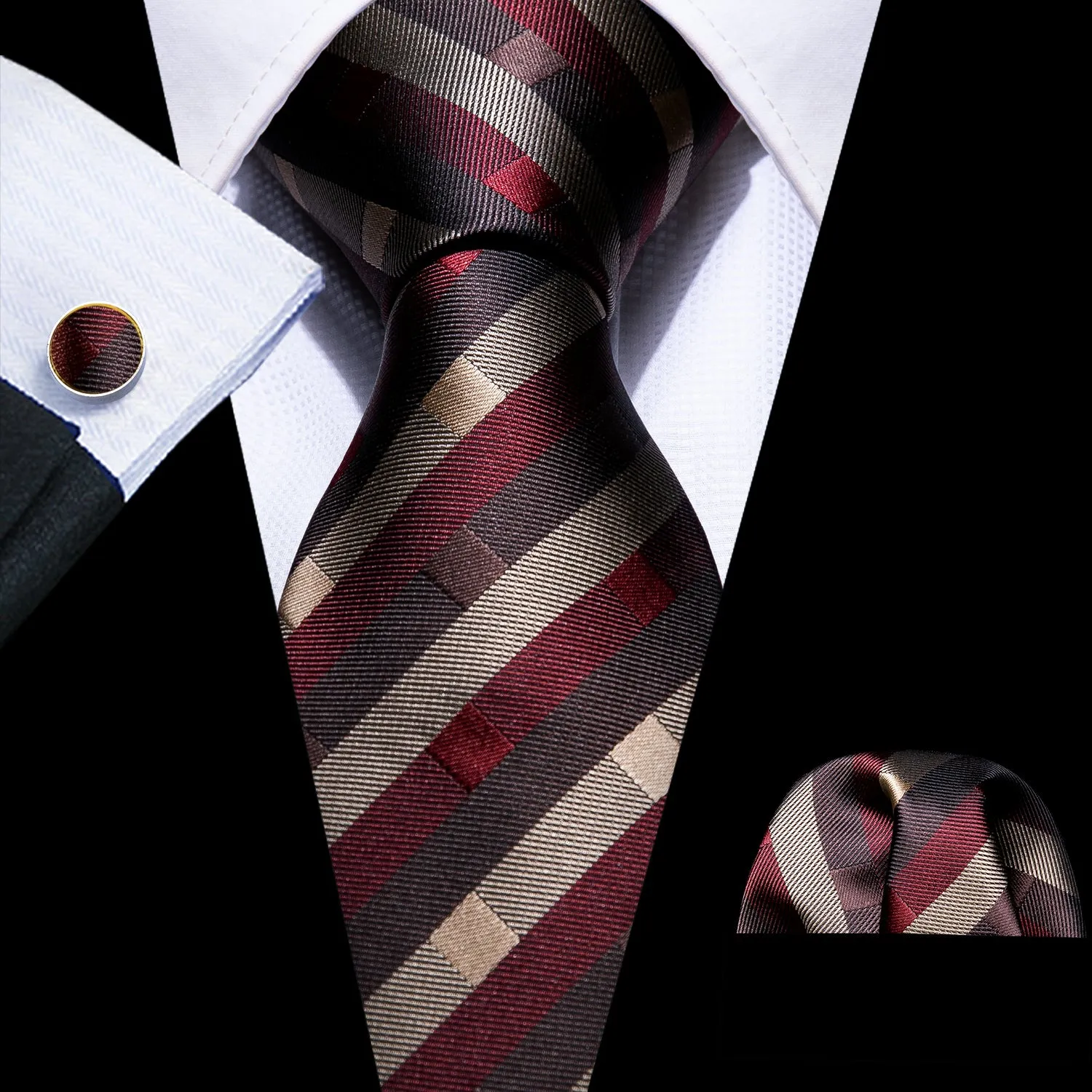 Red Khaki Brown Striped Necktie Pocket Square Cufflinks Set sold by Ties2You