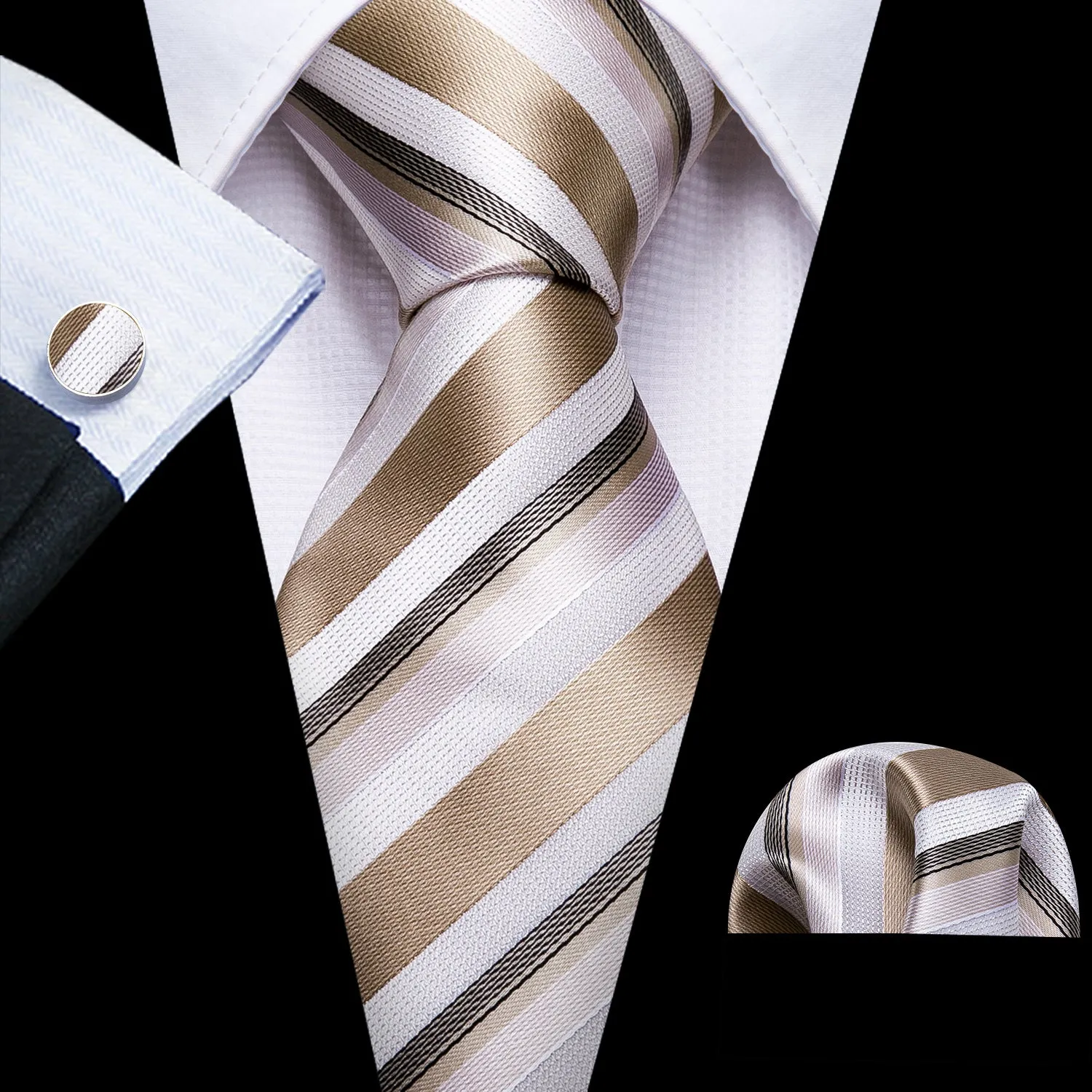 Champagne White Striped Men's Tie Pocket Square Cufflinks Set sold by Ties2You
