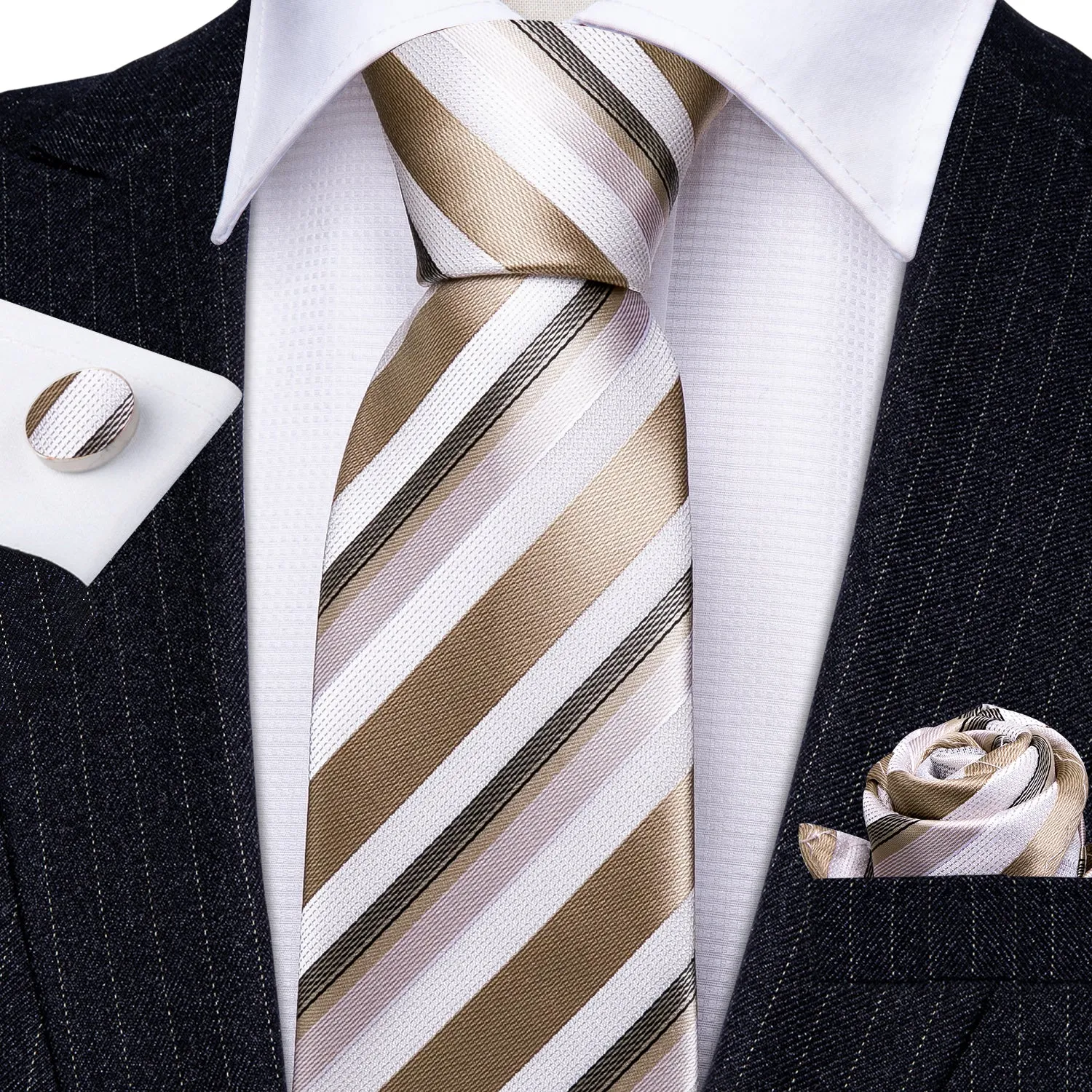 Champagne White Striped Men's Tie Pocket Square Cufflinks Set sold by Ties2You product image thumbnail 2