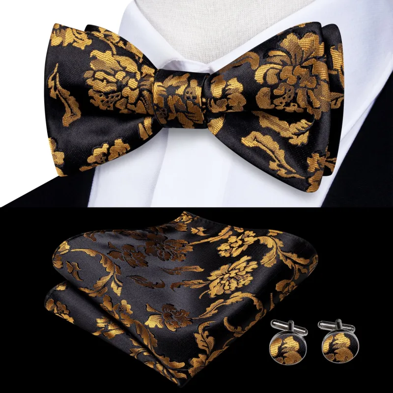 Black Golden Floral Self-tied Bow Tie Pocket Square Cufflinks Set sold by Ties2You