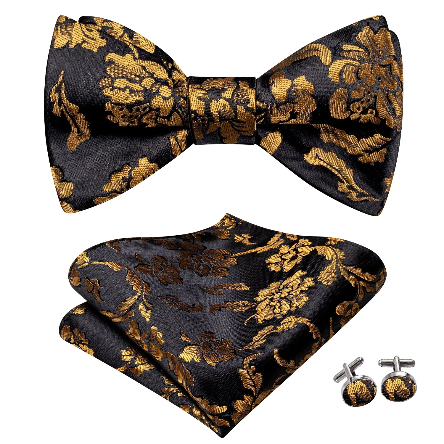 Black Golden Floral Self-tied Bow Tie Pocket Square Cufflinks Set sold by Ties2You product image thumbnail 2