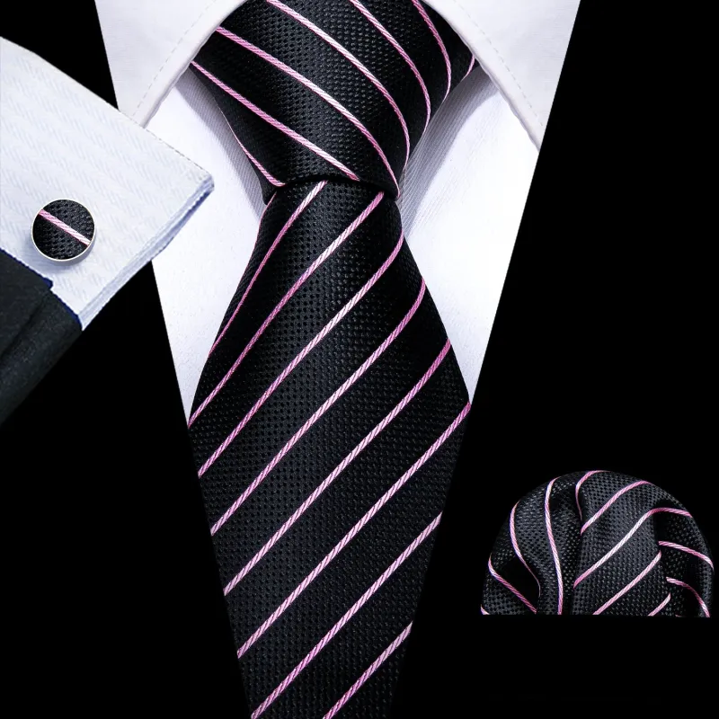 Black Pink Striped Mens Tie Pocket Square Cufflinks Set sold by Ties2You