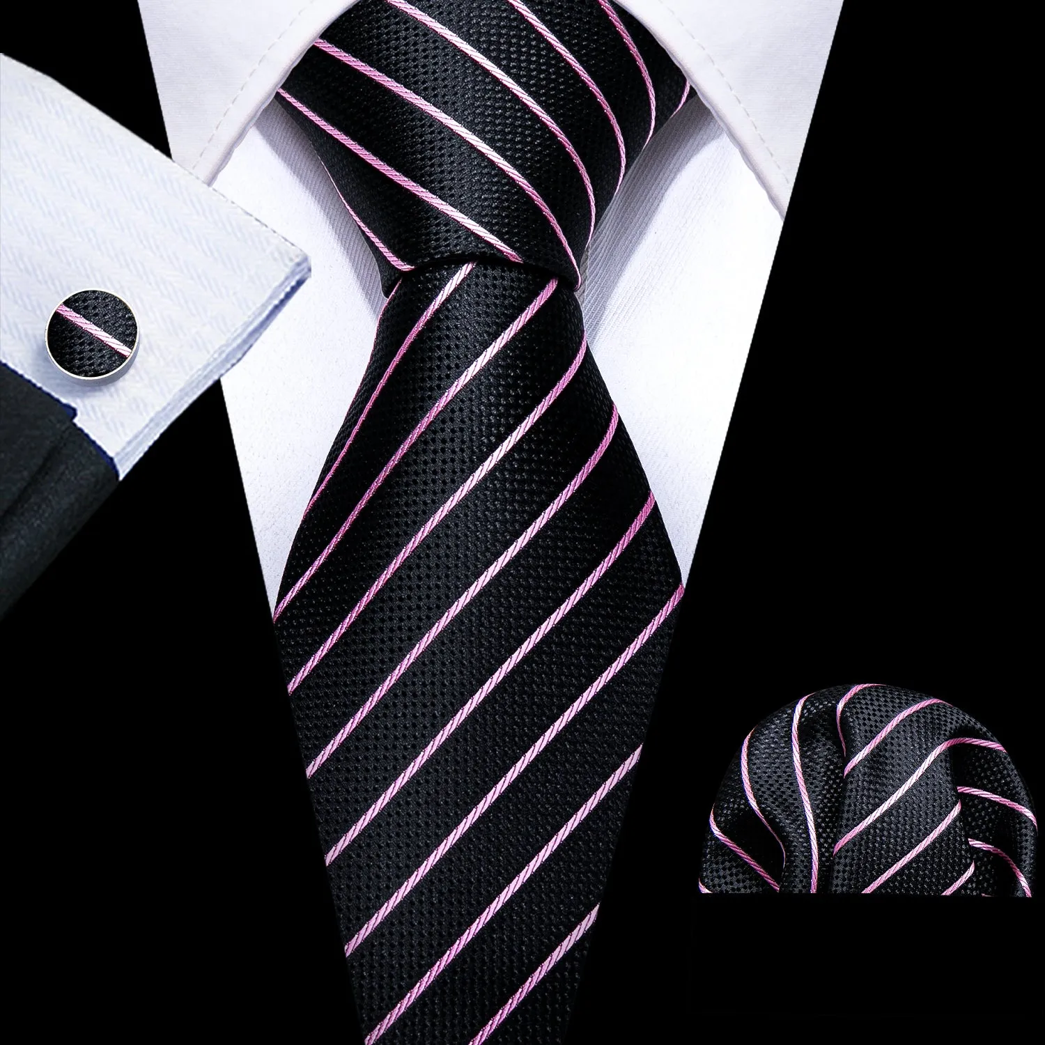 Black Pink Striped Mens Tie Pocket Square Cufflinks Set sold by Ties2You