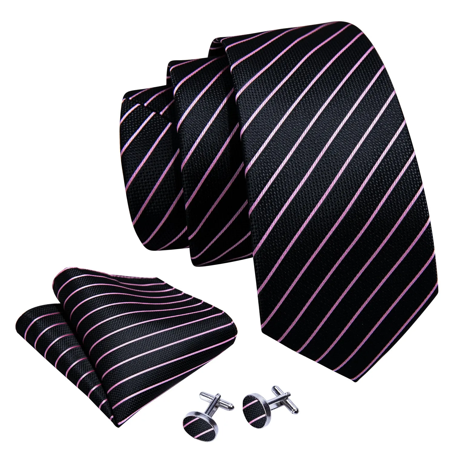 Black Pink Striped Mens Tie Pocket Square Cufflinks Set sold by Ties2You product image thumbnail 5