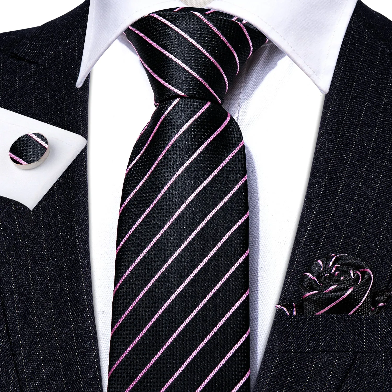 Black Pink Striped Mens Tie Pocket Square Cufflinks Set sold by Ties2You product image thumbnail 2