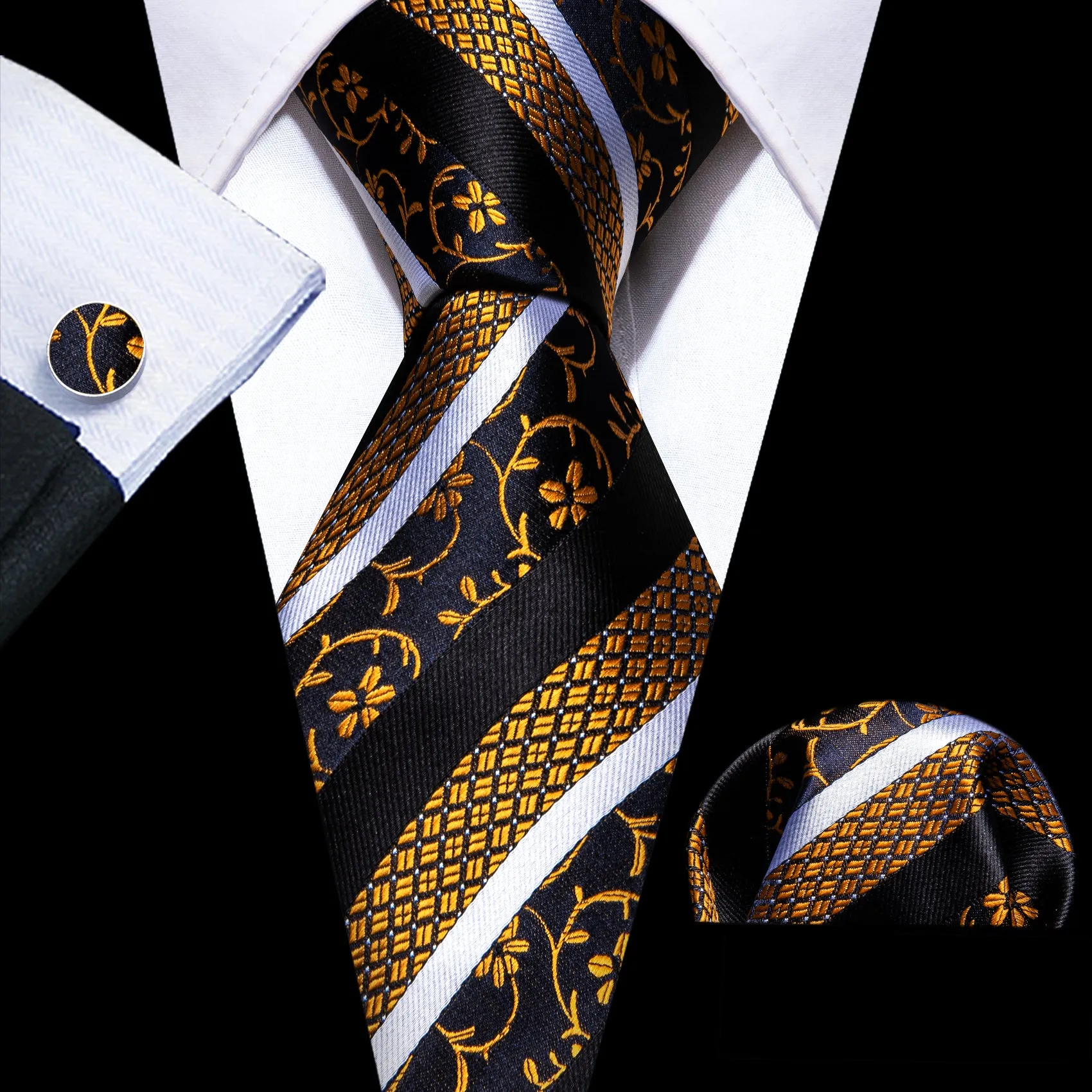 Black Golden White Floral Men's Necktie Pocket Square Cufflinks Set sold by Ties2You