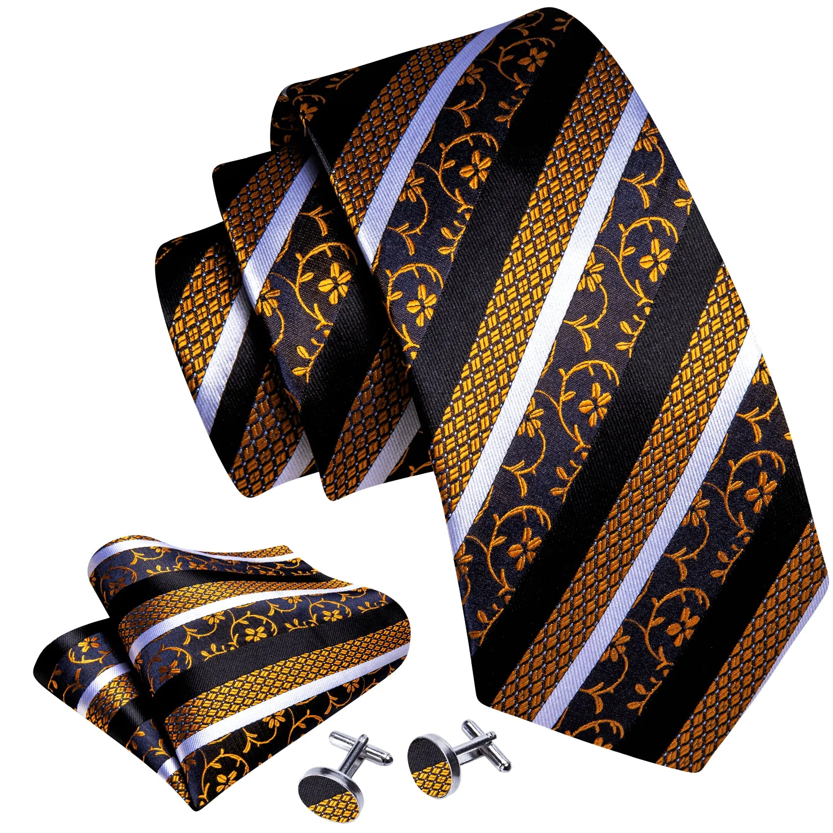 Black Golden White Floral Men's Necktie Pocket Square Cufflinks Set sold by Ties2You product image thumbnail 3