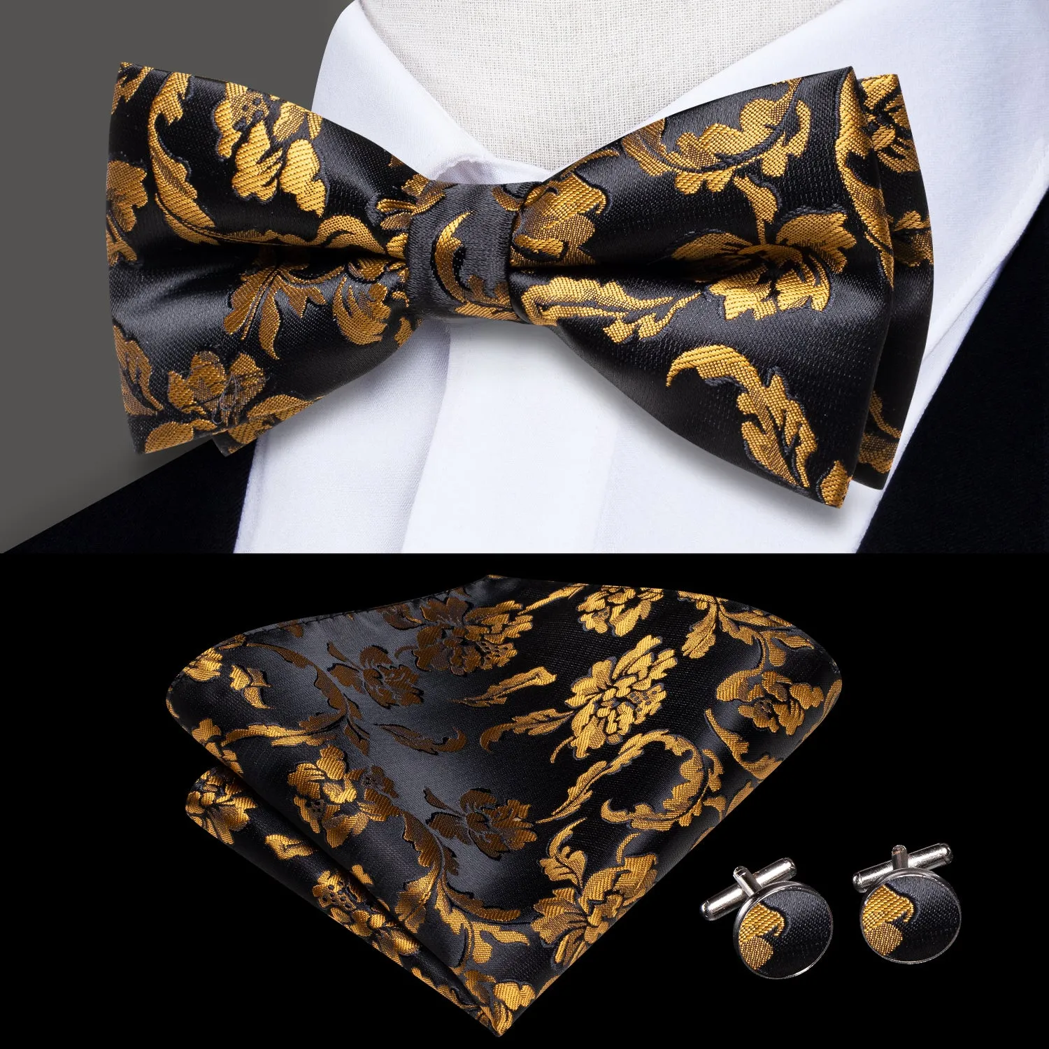 Ties2you Men's Gold Floral Tuxedo Bow Tie Pre-tied Bowtie Pocket Square Cufflinks Set sold by Ties2You