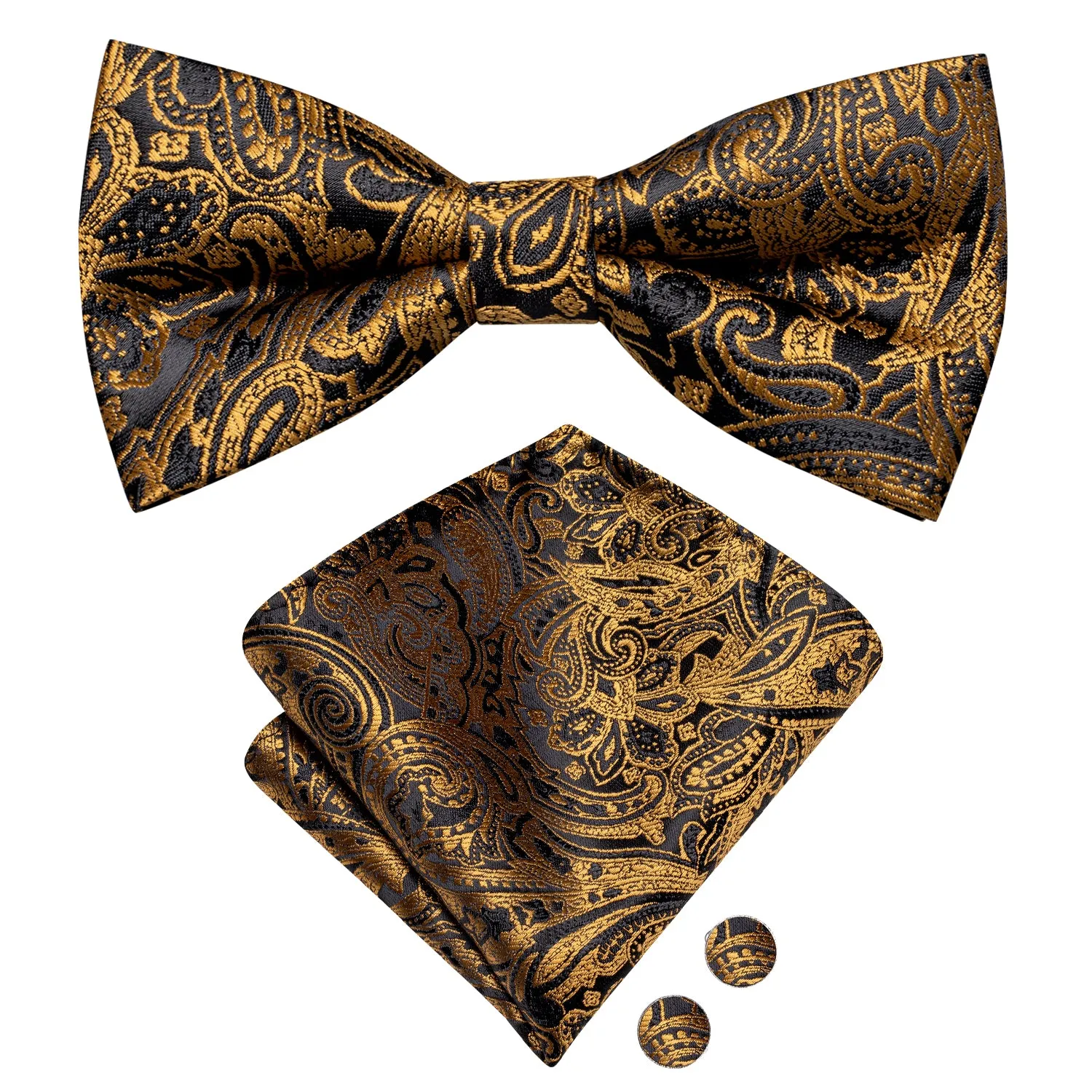 Black Golden Paisley Pre-tied Bow Tie Pocket Square Cufflinks Set sold by Ties2You product image thumbnail 4