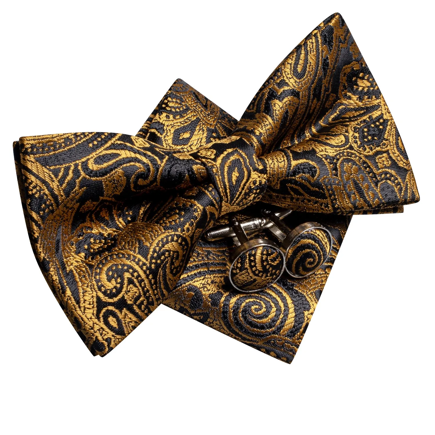 Black Golden Paisley Pre-tied Bow Tie Pocket Square Cufflinks Set sold by Ties2You product image thumbnail 3