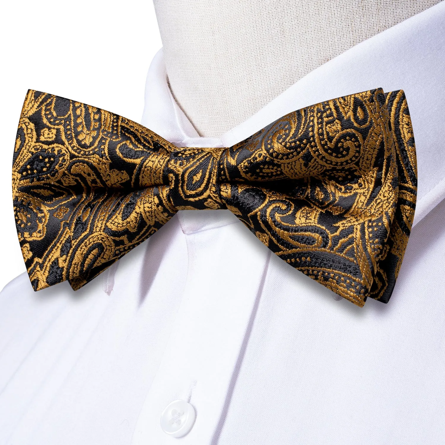 Black Golden Paisley Pre-tied Bow Tie Pocket Square Cufflinks Set sold by Ties2You product image thumbnail 2
