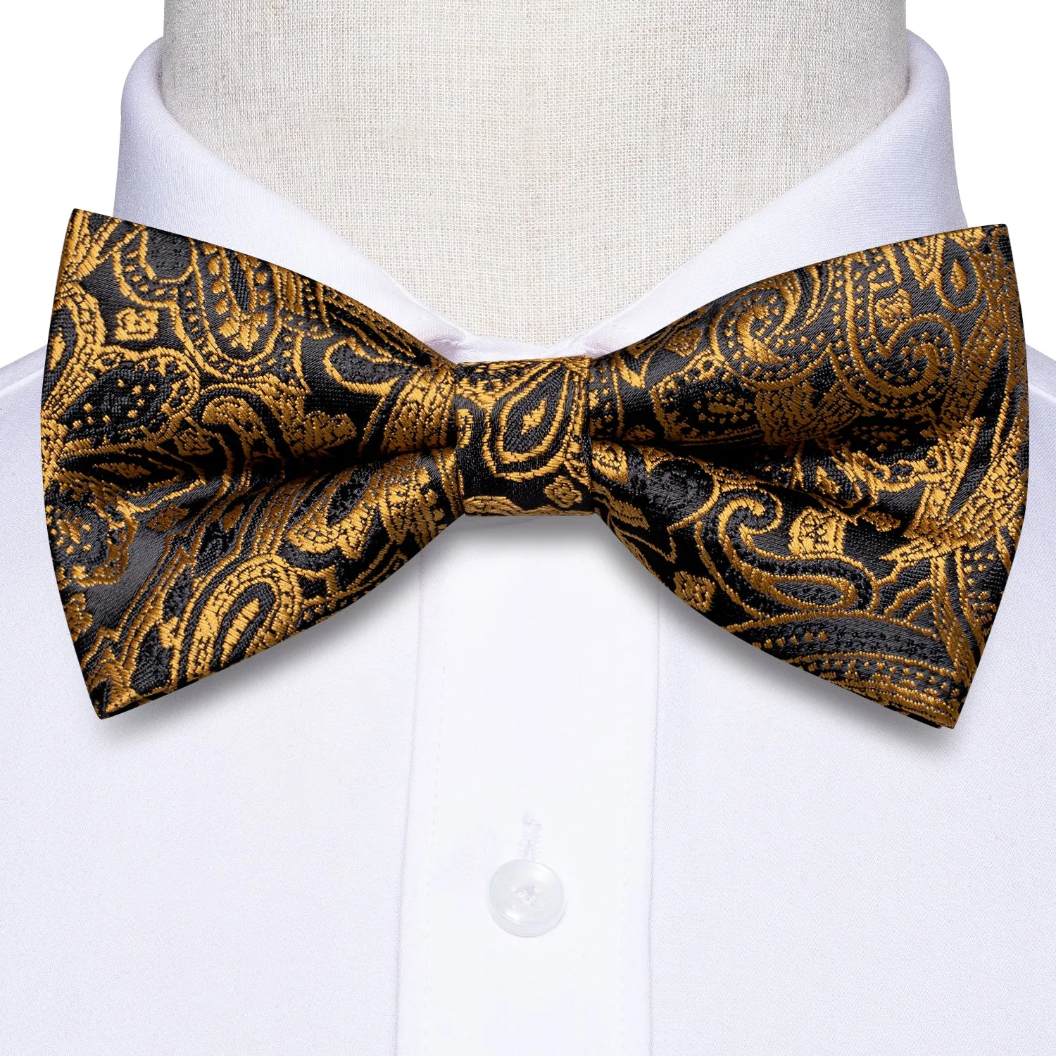 Black Golden Paisley Pre-tied Bow Tie Pocket Square Cufflinks Set sold by Ties2You product image thumbnail 5
