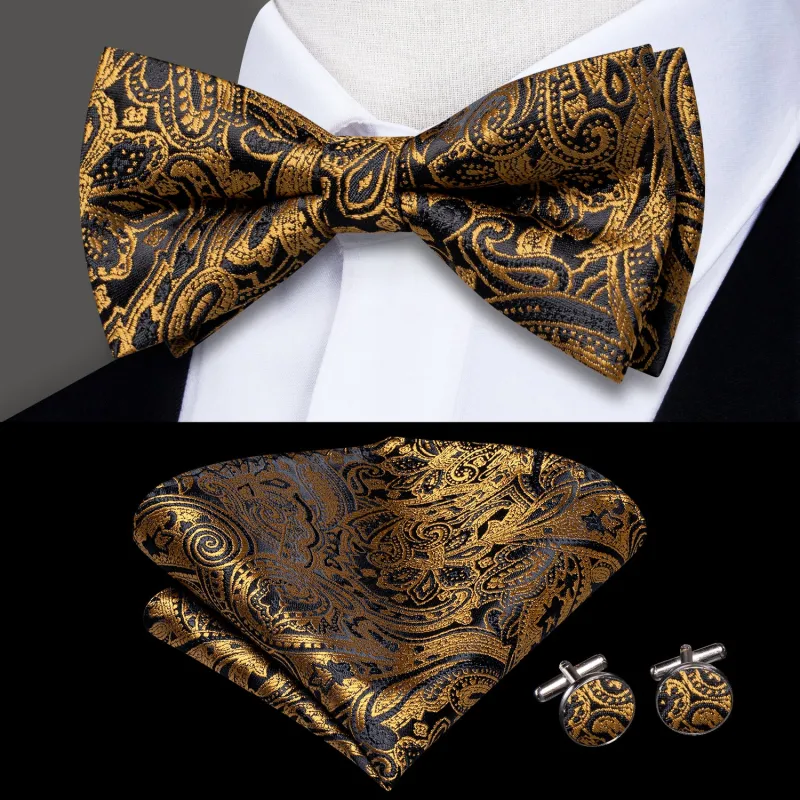 Black Golden Paisley Pre-tied Bow Tie Pocket Square Cufflinks Set sold by Ties2You