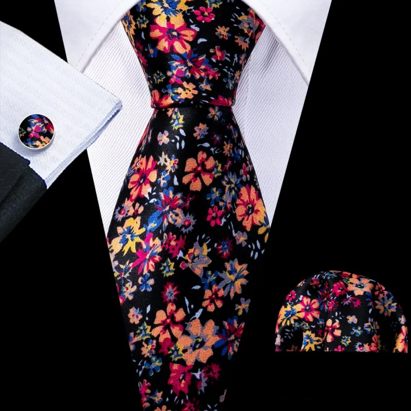 Ties2you Mens Floral Tie Black Formal Suit Wedding Necktie Hanky Cufflinks Set sold by Ties2You