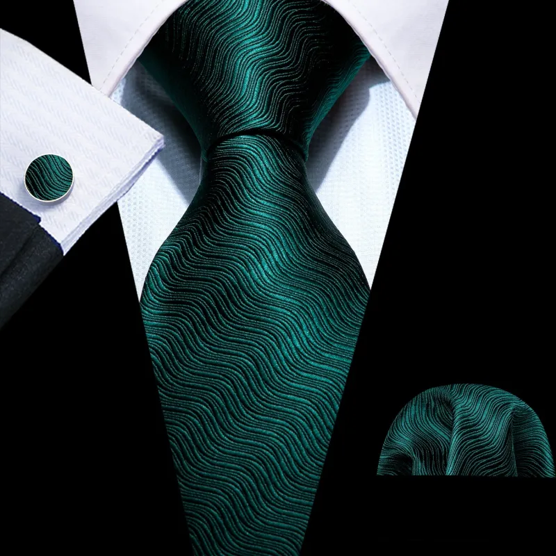 Dark Green Striped Men's Tie Pocket Square Cufflinks Set sold by Ties2You