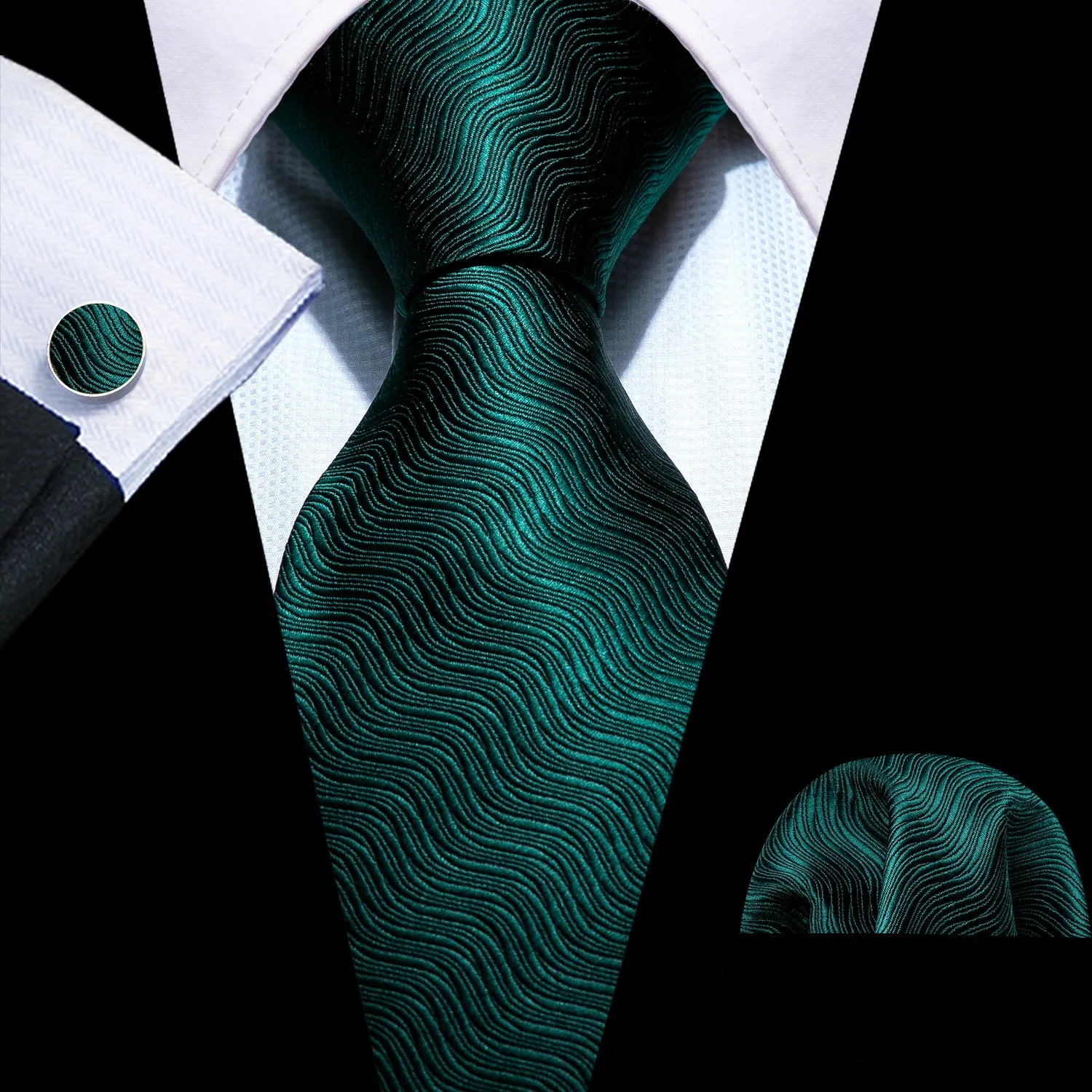 Dark Green Striped Men's Tie Pocket Square Cufflinks Set sold by Ties2You