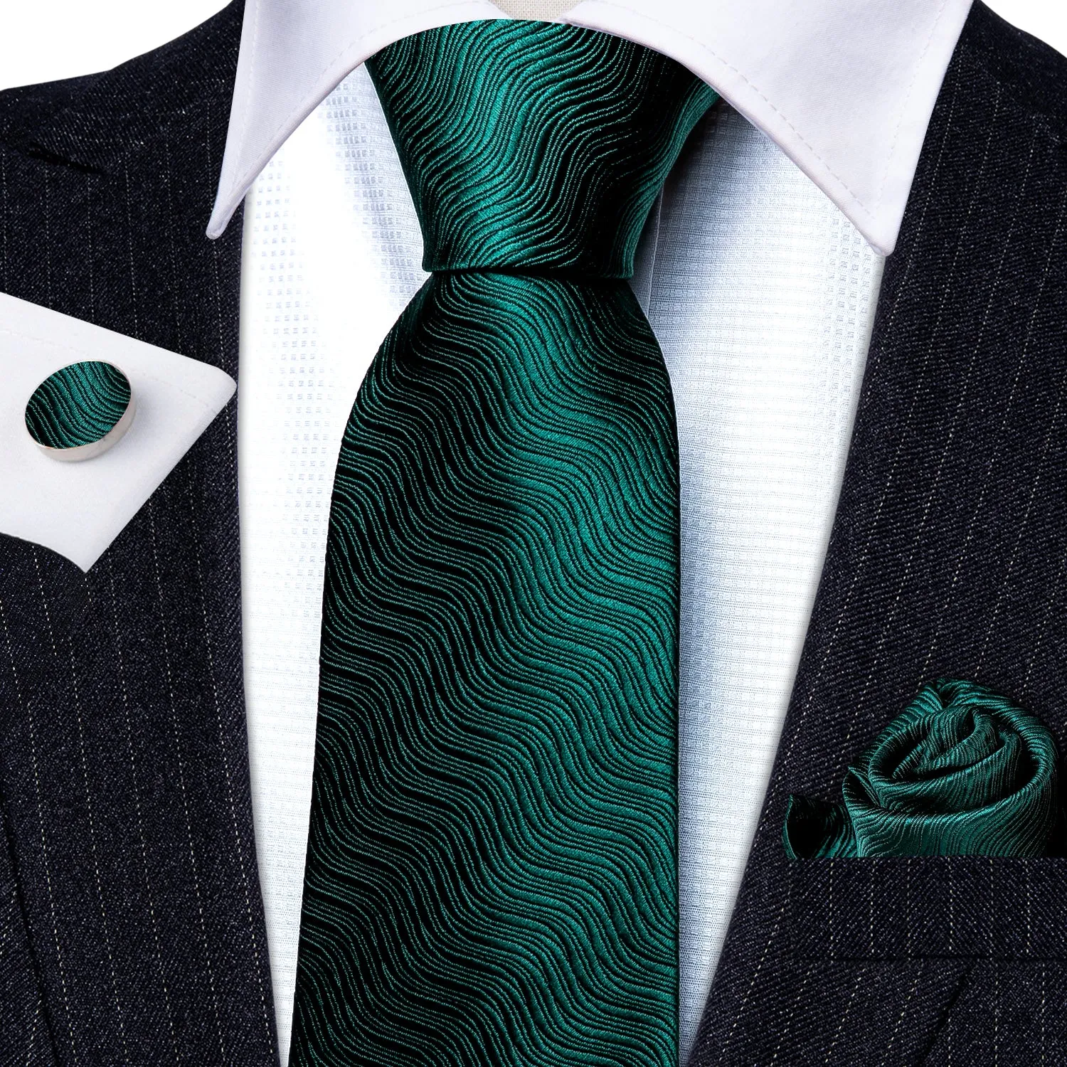 Dark Green Striped Men's Tie Pocket Square Cufflinks Set sold by Ties2You product image thumbnail 5