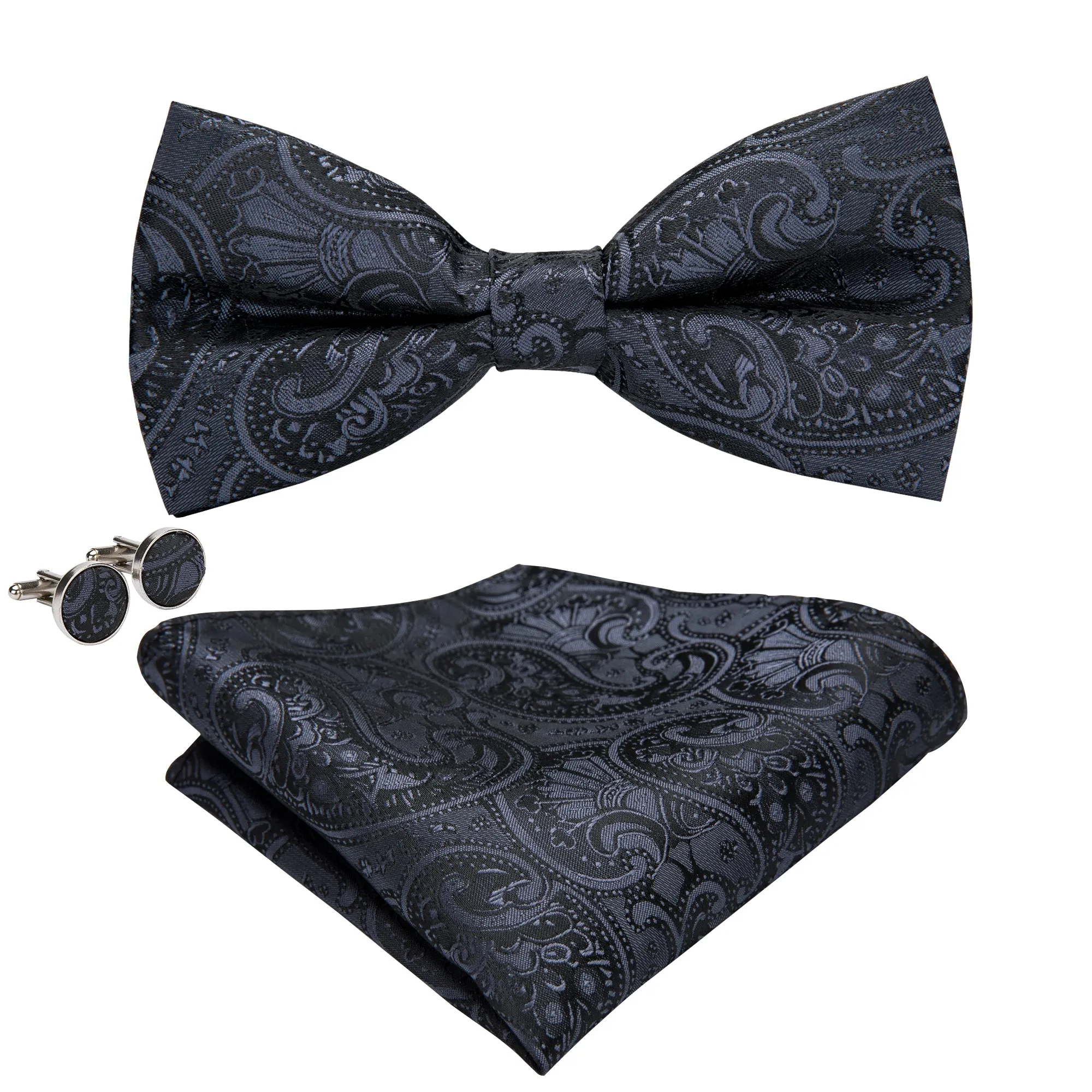 Black Grey Paisley Pre-tied Bow Tie Hanky Cufflinks Set sold by Ties2You product image thumbnail 2