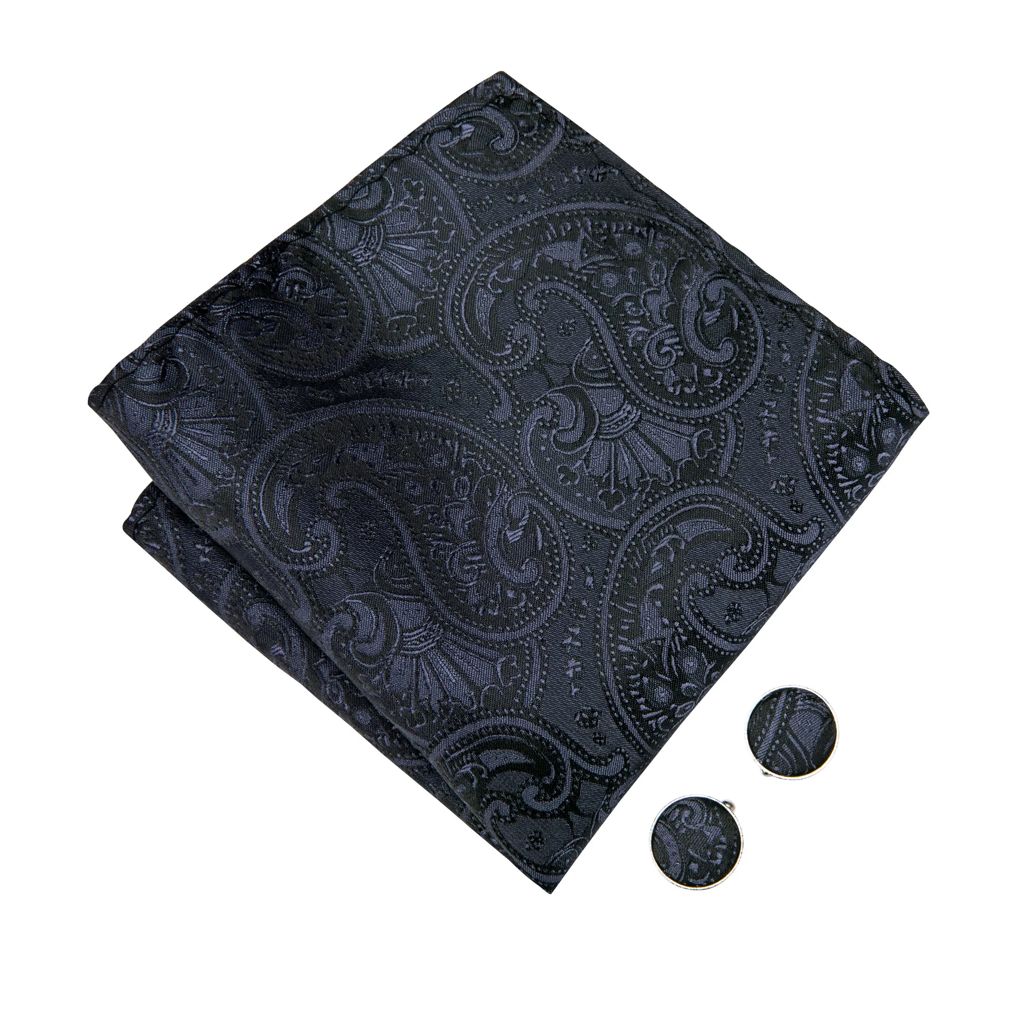 Black Grey Paisley Pre-tied Bow Tie Hanky Cufflinks Set sold by Ties2You product image thumbnail 3