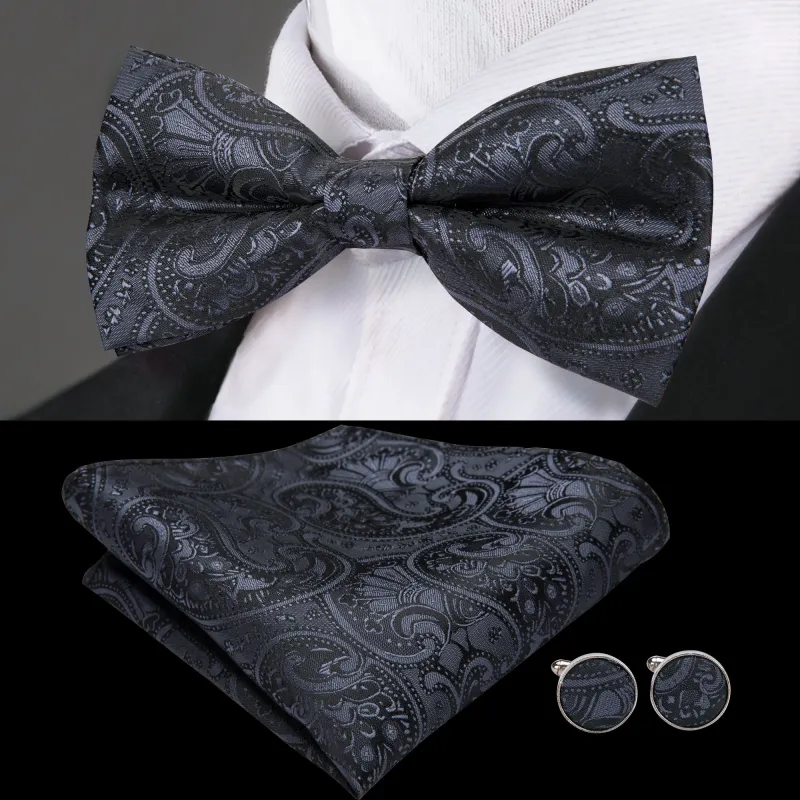 Black Grey Paisley Pre-tied Bow Tie Hanky Cufflinks Set sold by Ties2You