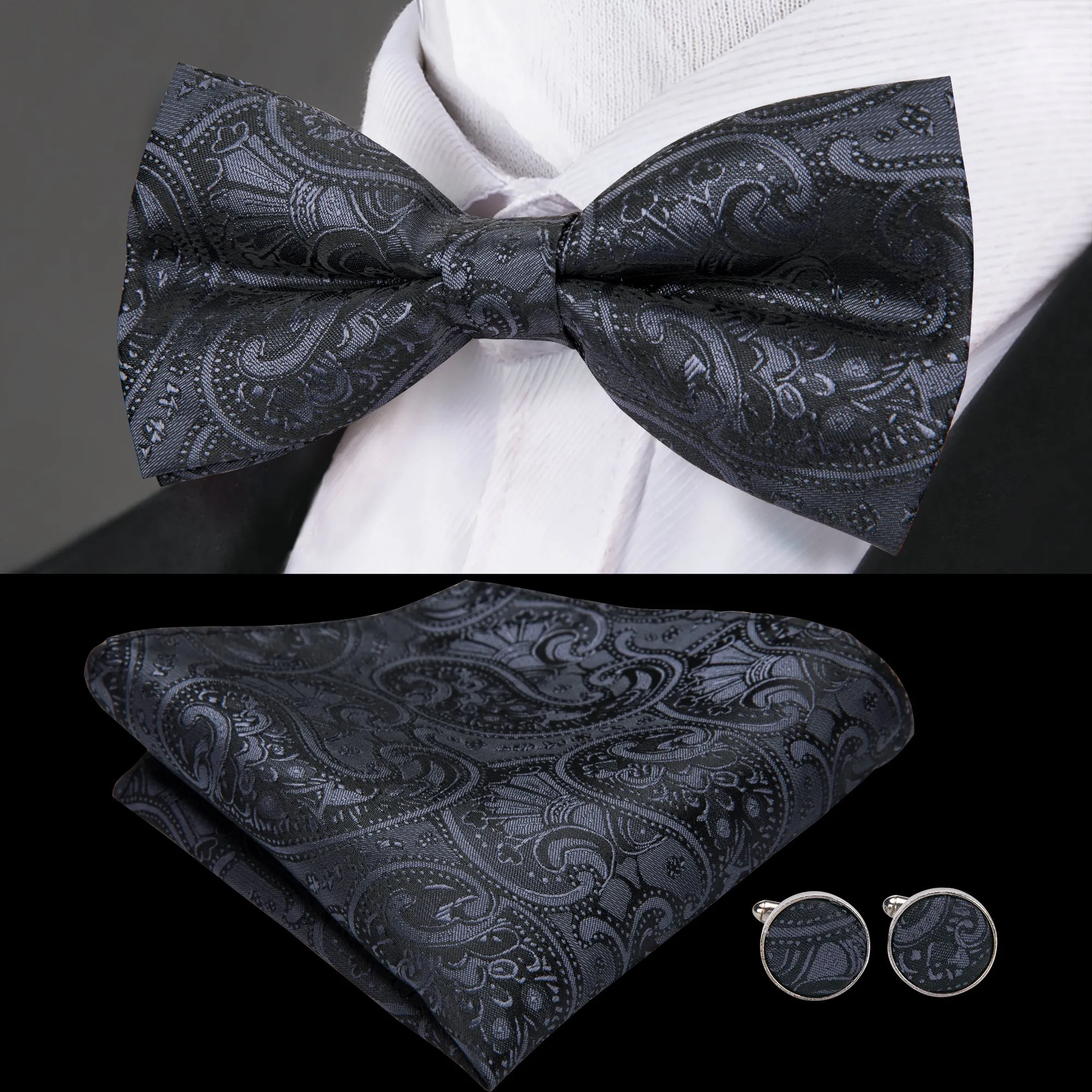 Black Grey Paisley Pre-tied Bow Tie Hanky Cufflinks Set sold by Ties2You