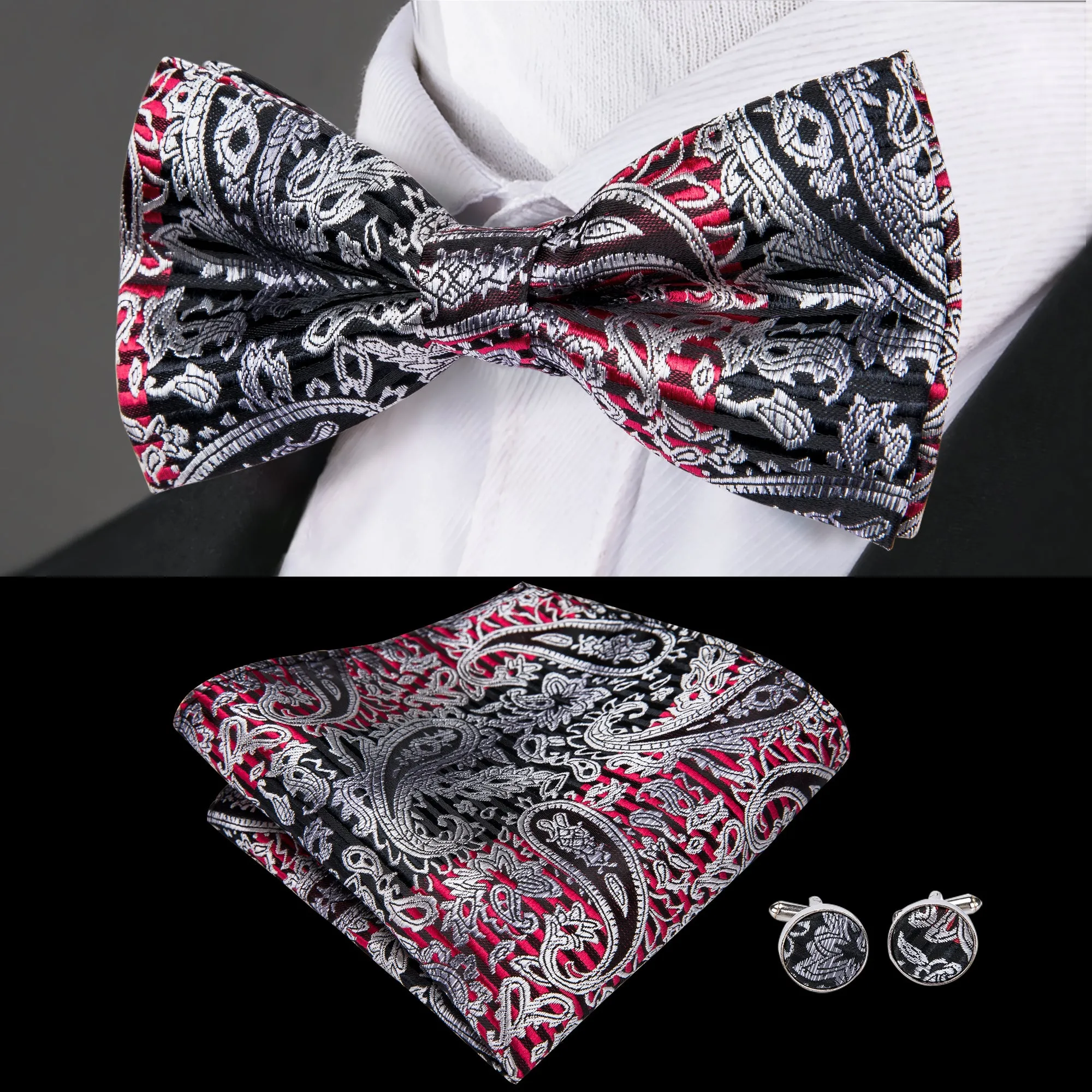 Ties2you Paisley Silver Bowtie Pre-tied Party Bow Tie Pocket Square Cufflinks Set sold by Ties2You