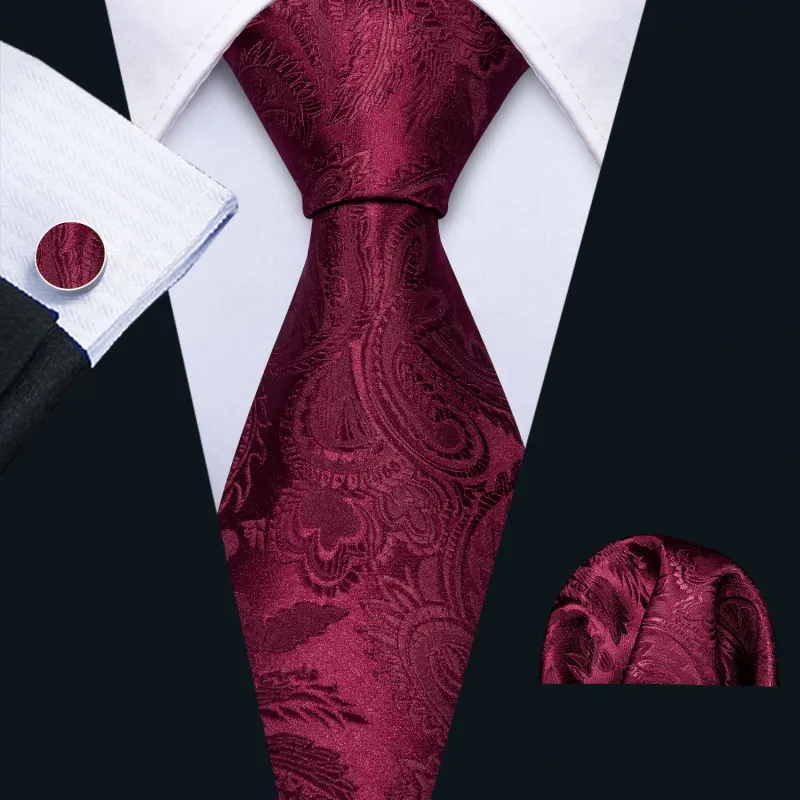 Ties2you Burgundy Tie for Men Paisley Silk Suit Tie Pocket Square Cufflinks Set sold by Ties2You
