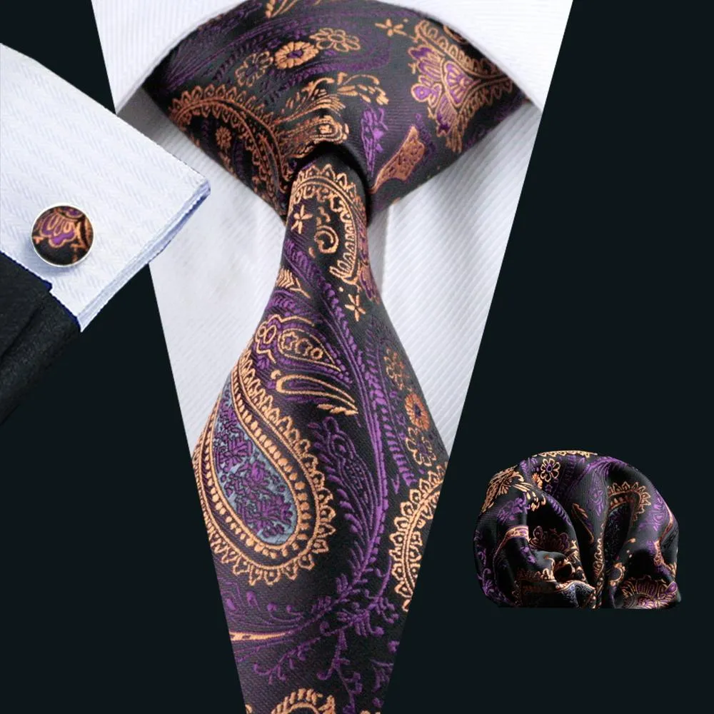 Golden Purple Paisley Silk Men's Tie Pocket Square Cufflinks Set sold by Ties2You