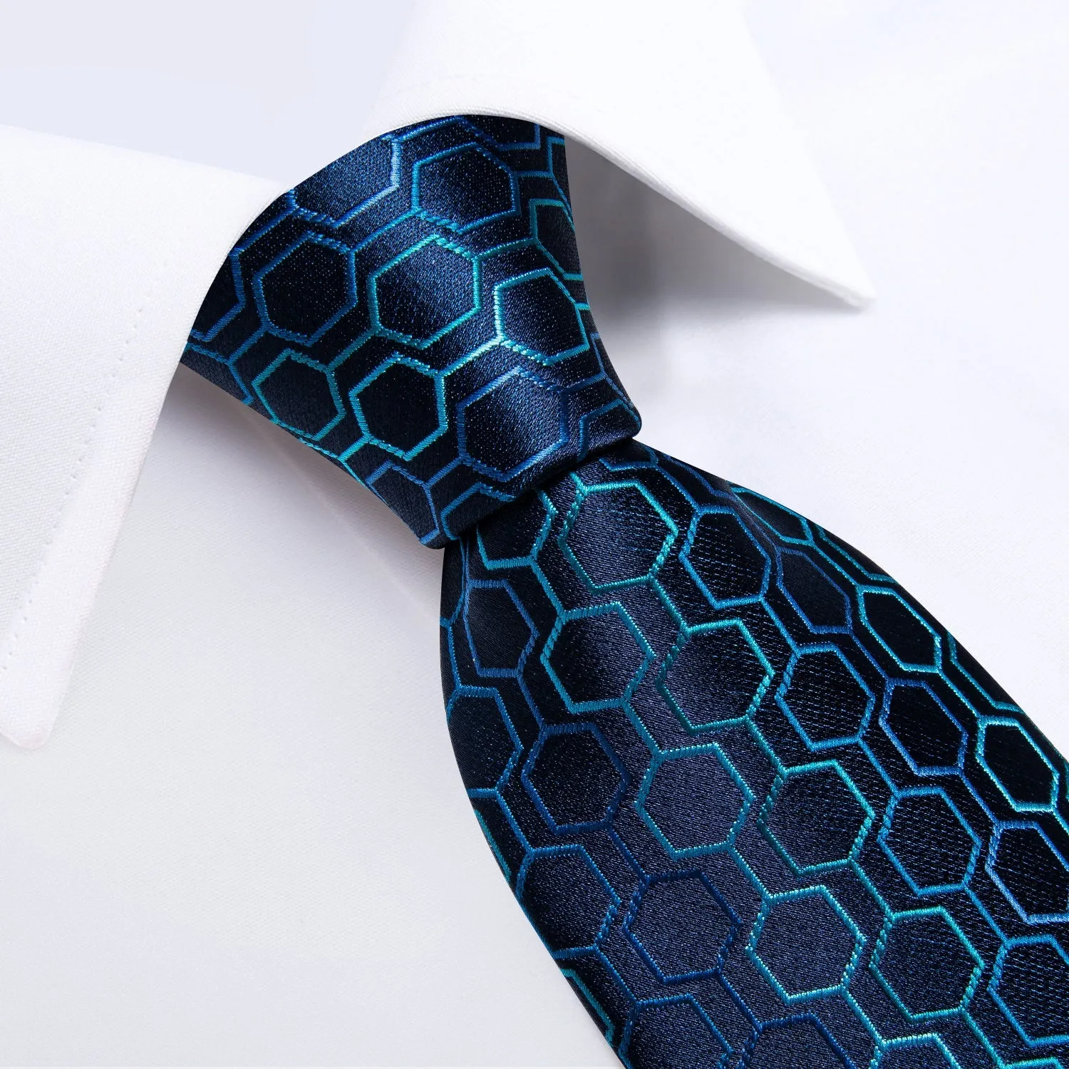 Dark Blue Geometric Silk Men's Tie Pocket Square Cufflinks Set sold by Ties2You product image thumbnail 4