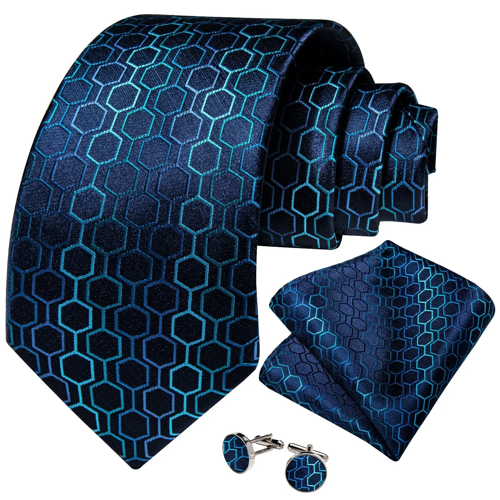 Dark Blue Geometric Silk Men's Tie Pocket Square Cufflinks Set sold by Ties2You product image thumbnail 2