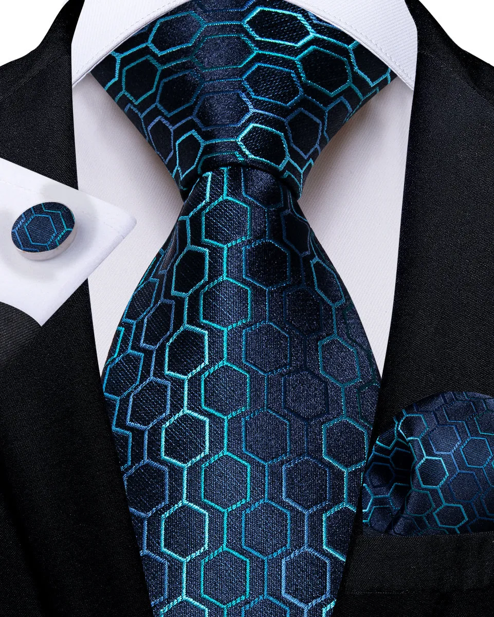 Dark Blue Geometric Silk Men's Tie Pocket Square Cufflinks Set sold by Ties2You product image thumbnail 3