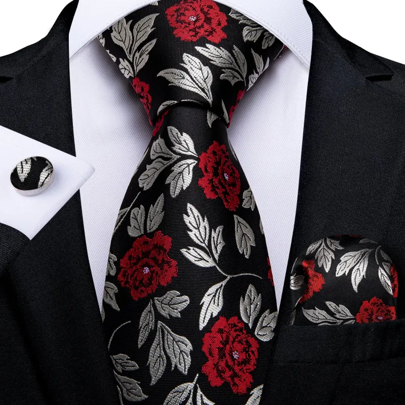 Silver Red Black Floral Men's Tie Pocket Square Cufflinks Set sold by Ties2You