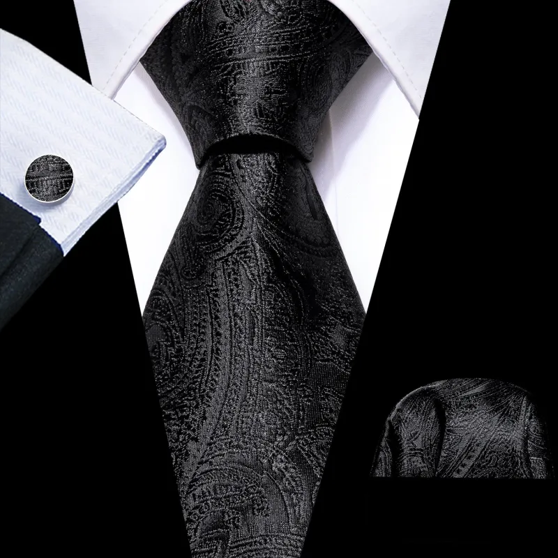 Black Paisley Men's Tie Pocket Square Cufflinks Set sold by Ties2You