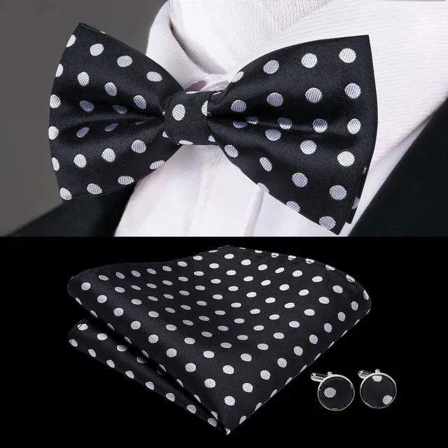 Classic Black White Polka Dot Pre-tied Bow Tie Hanky Cufflinks Set sold by Ties2You