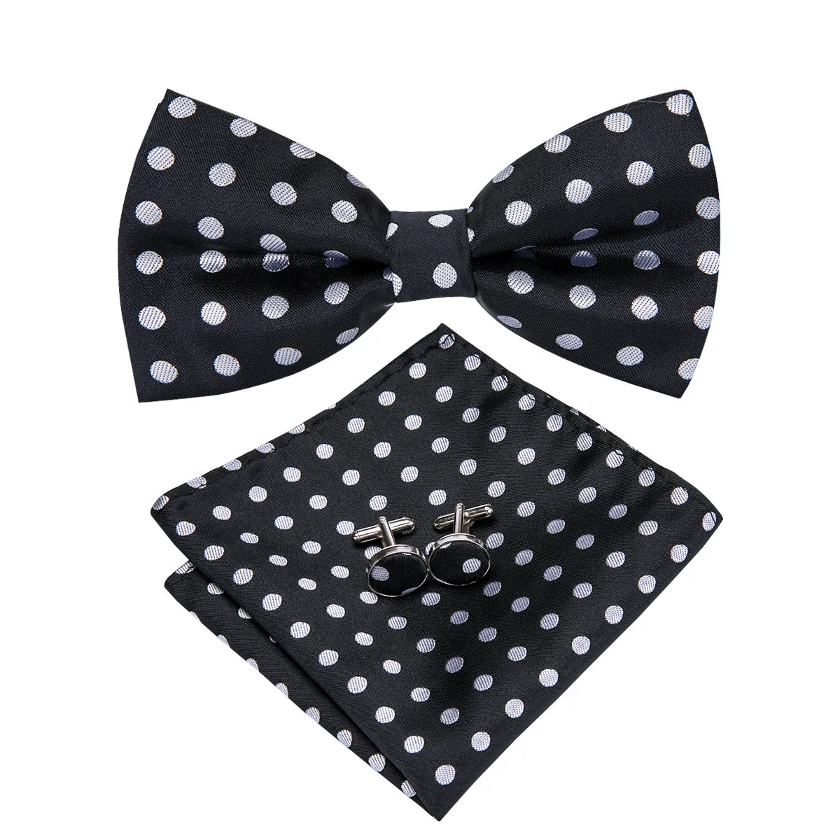 Classic Black White Polka Dot Pre-tied Bow Tie Hanky Cufflinks Set sold by Ties2You product image thumbnail 2