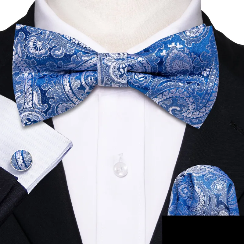 Sky Blue Paisley Pre-tied Silk Bow Tie Pocket Square Cufflinks Set sold by Ties2You