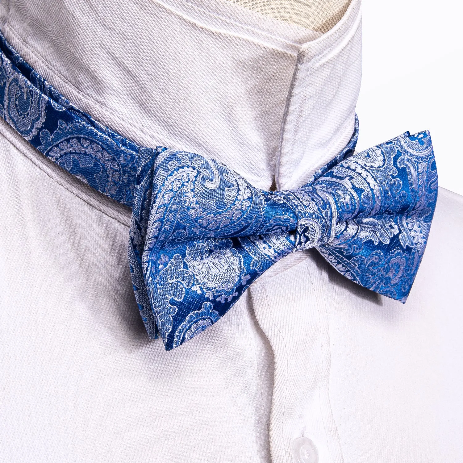 Sky Blue Paisley Pre-tied Silk Bow Tie Pocket Square Cufflinks Set sold by Ties2You product image thumbnail 3