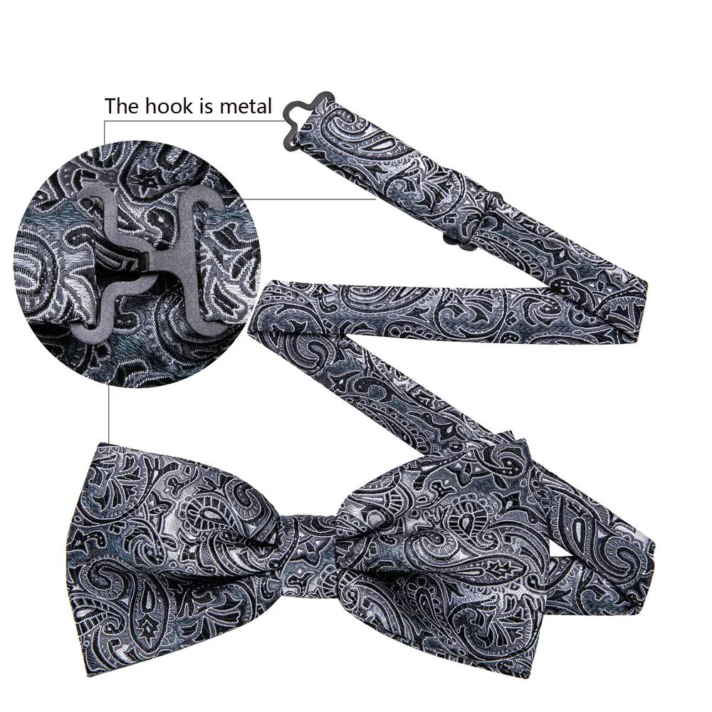Silver Black Paisley Men's Pre-tied Bowtie Pocket Square Cufflinks Set sold by Ties2You product image thumbnail 4