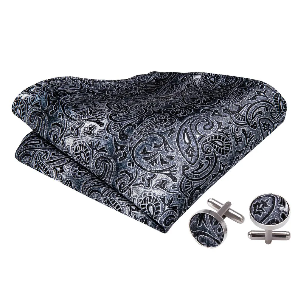 Silver Black Paisley Men's Pre-tied Bowtie Pocket Square Cufflinks Set sold by Ties2You product image thumbnail 3