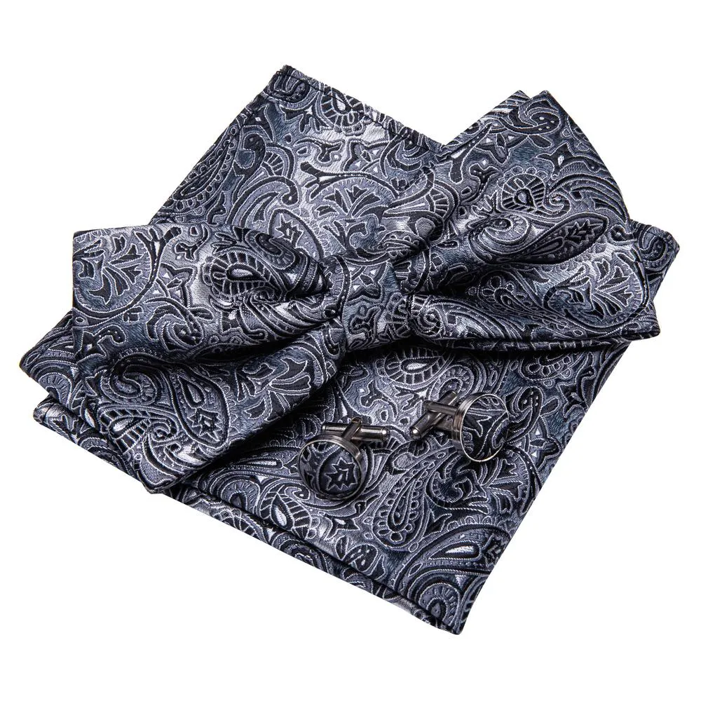 Silver Black Paisley Men's Pre-tied Bowtie Pocket Square Cufflinks Set sold by Ties2You product image thumbnail 2