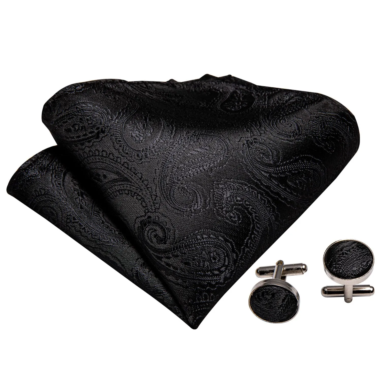 Pure Black Paisley Men's Pre-tied Bowtie Pocket Square Cufflinks Set sold by Ties2You product image thumbnail 5