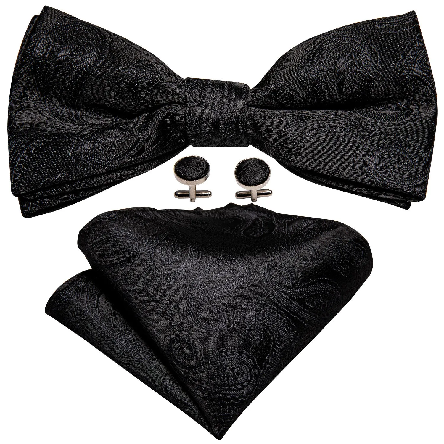 Pure Black Paisley Men's Pre-tied Bowtie Pocket Square Cufflinks Set sold by Ties2You product image thumbnail 2