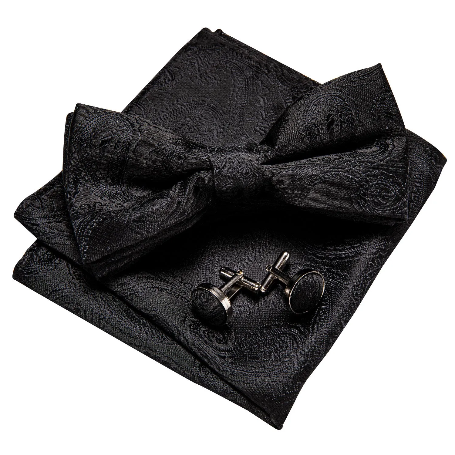 Pure Black Paisley Men's Pre-tied Bowtie Pocket Square Cufflinks Set sold by Ties2You product image thumbnail 3