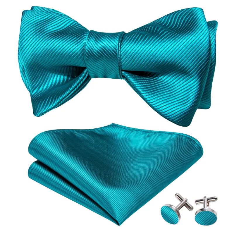 Blue Solid Self-tied Bow Tie Hanky Cufflinks Set sold by Ties2You