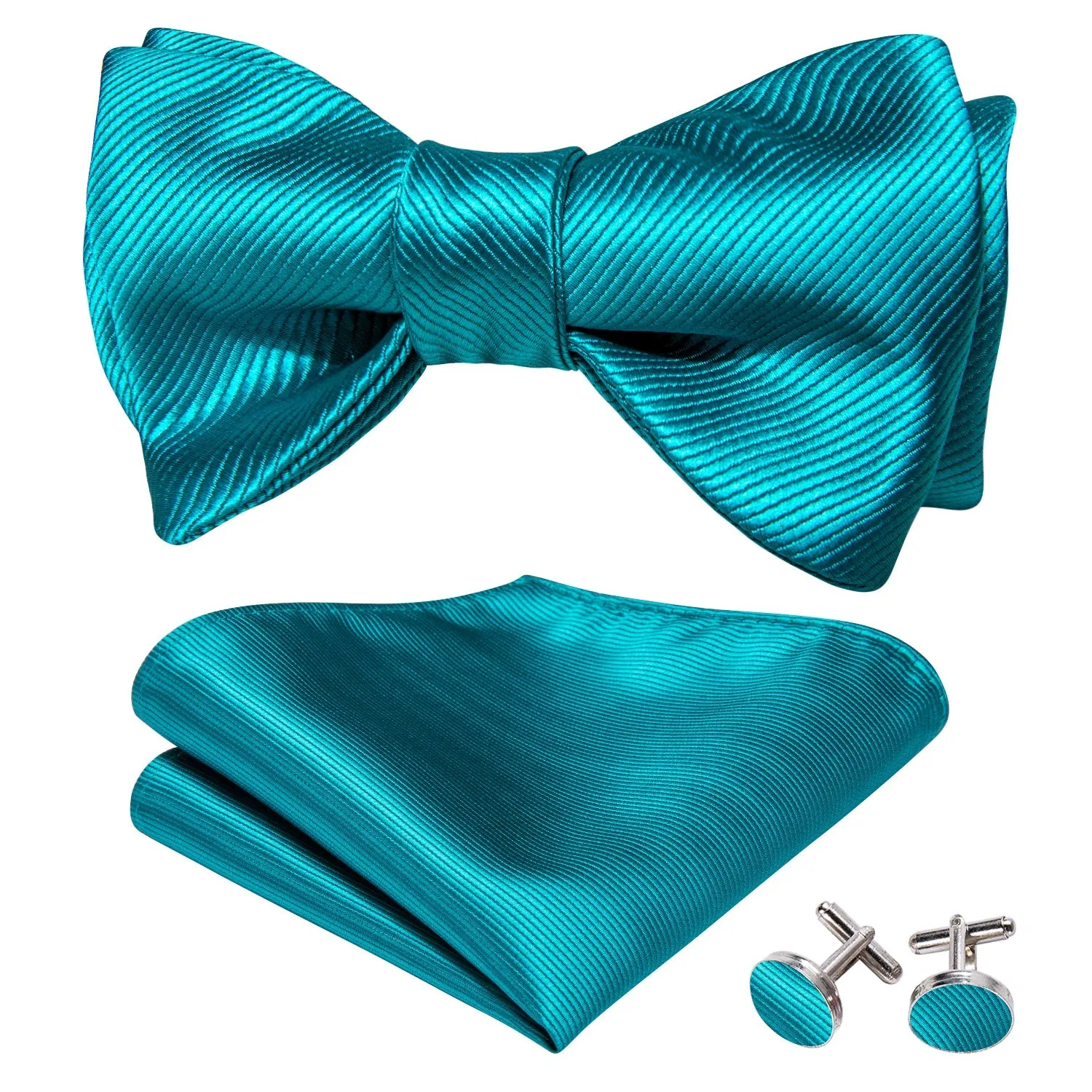 Blue Solid Self-tied Bow Tie Hanky Cufflinks Set sold by Ties2You