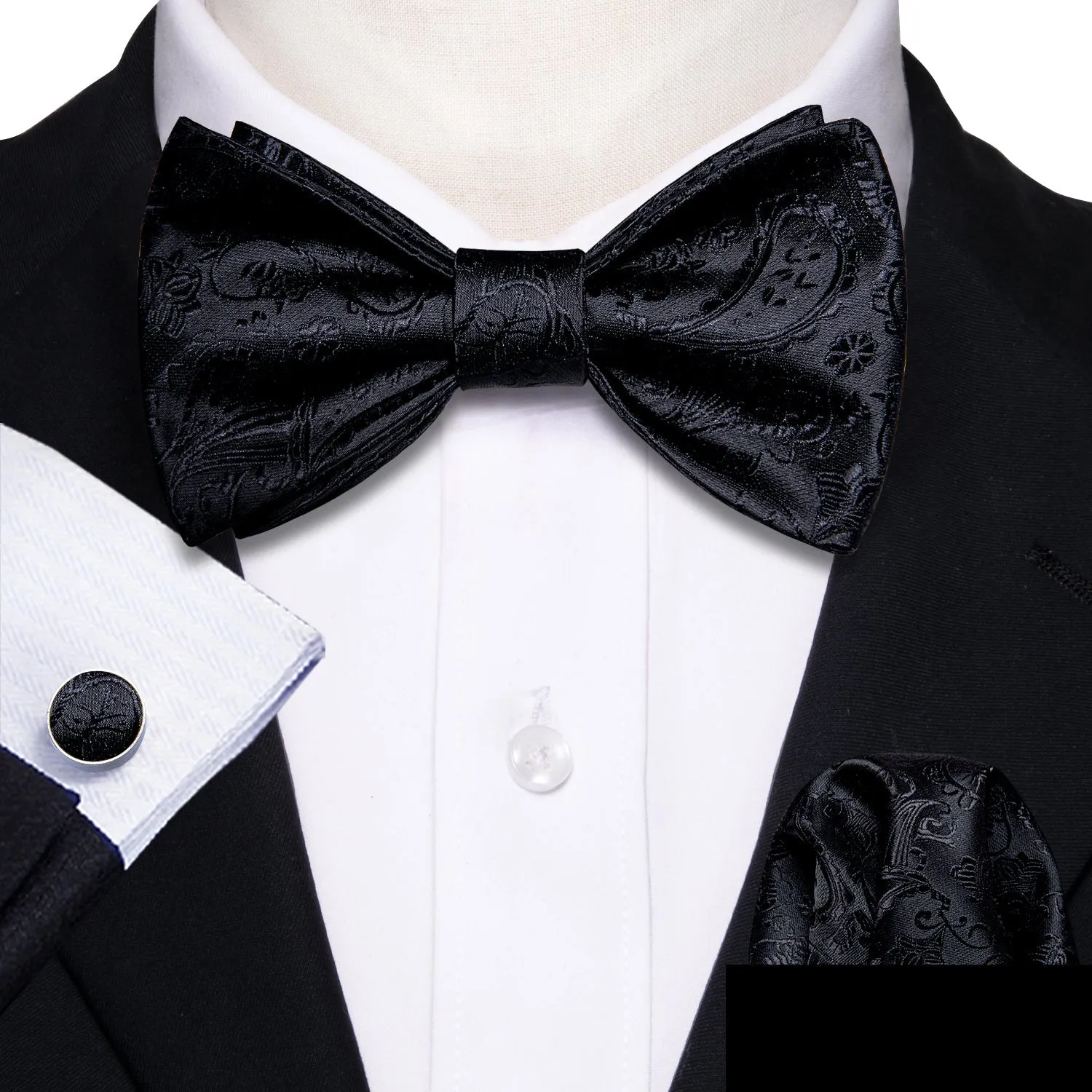 Black Floral Self-tied Bow Tie Hanky Cufflinks Set sold by Ties2You