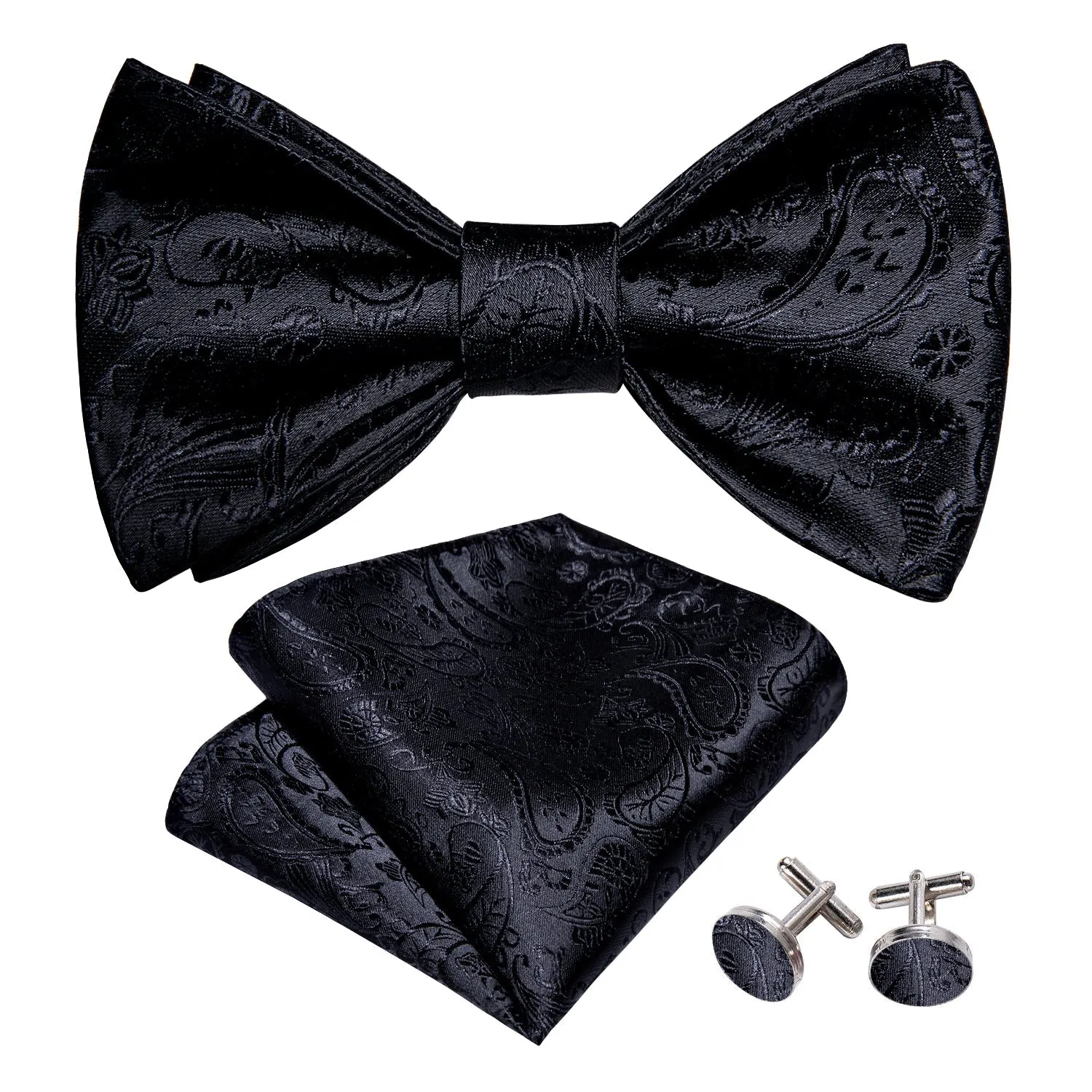 Black Floral Self-tied Bow Tie Hanky Cufflinks Set sold by Ties2You product image thumbnail 2